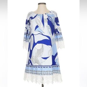 Women's Blue & White Printed Long Sleeve Dress with Lace Trim